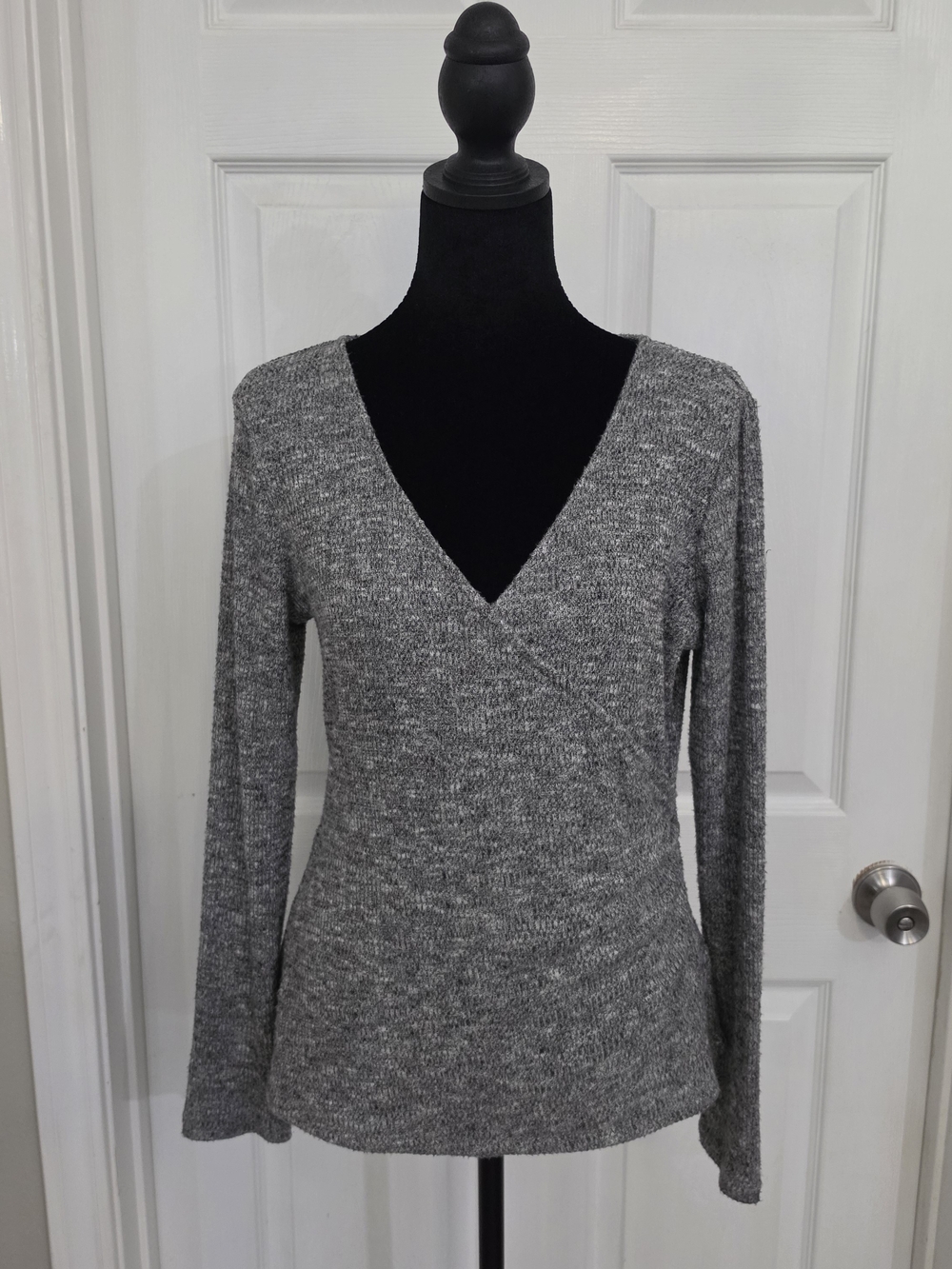 Rock & Republic Heather Gray Faux-Wrap V-Neck Long Sleeve Top